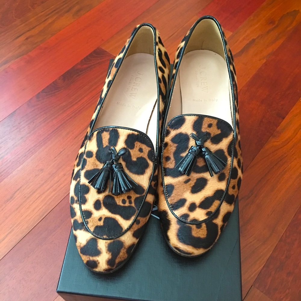 JCrew Collection Calf Hair Biella Loafers with tassels in leopard print